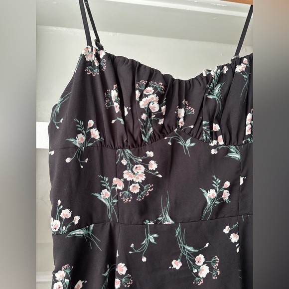 NWT** Commense Floral Black Midi Dress Y2K Ruched Peasant Milkmaid Large - Picture 1 of 7